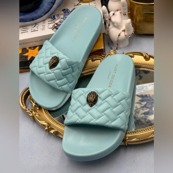 🆕 KURT GEIGER LONDON 🧿 NWOB Meena Eagle Quilted Slides, Blue - Sz EU 37 US 7 - Picture 8 of 14